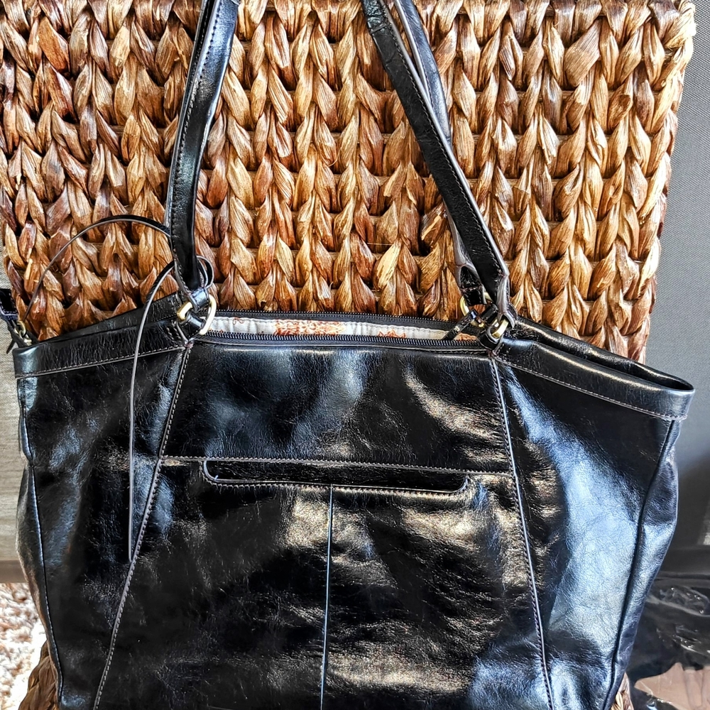 HOBO Black Shoulder Bag with Glossy Finish and Structured Design